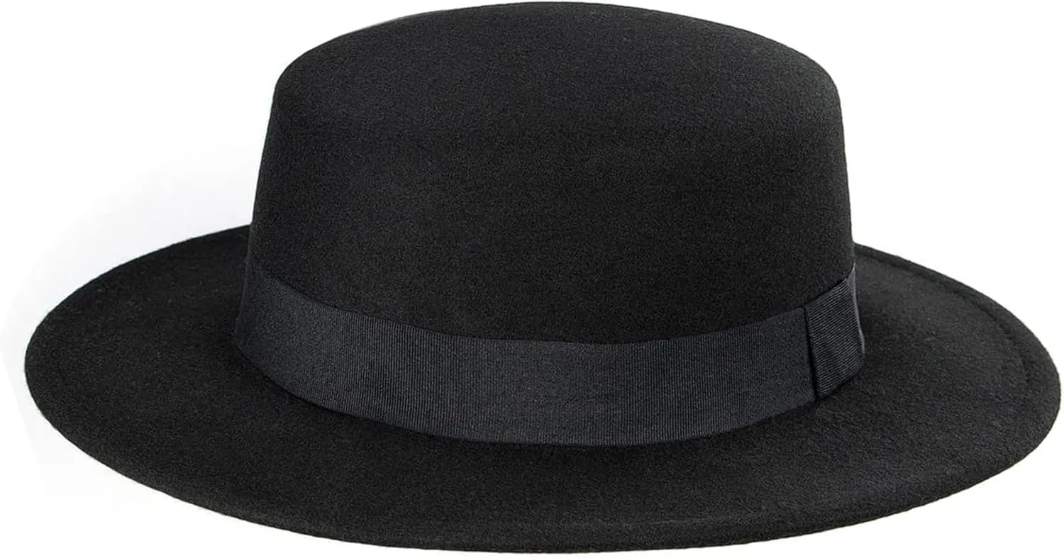 Wide-Brim-Felt-Panama-Fedora-Hat with Flat-Top-Pork-Pie Cap for Women Men (Size:M)