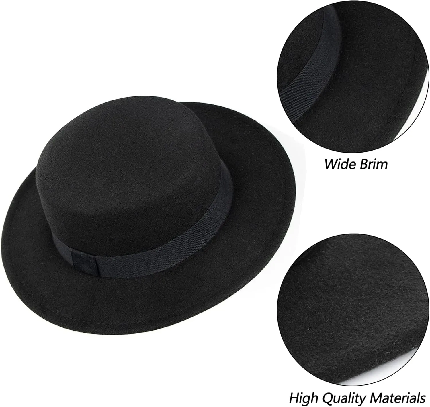 Wide-Brim-Felt-Panama-Fedora-Hat with Flat-Top-Pork-Pie Cap for Women Men (Size:M)