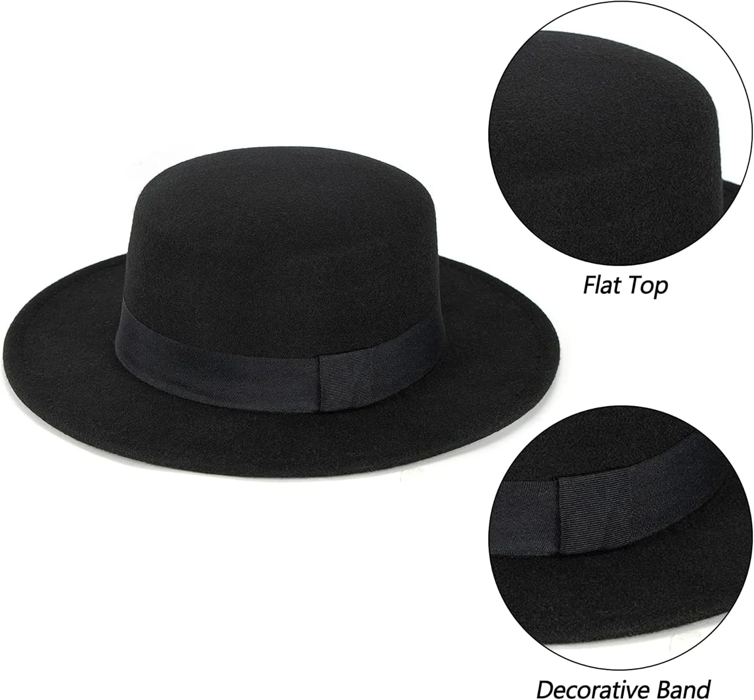 Wide-Brim-Felt-Panama-Fedora-Hat with Flat-Top-Pork-Pie Cap for Women Men (Size:M)