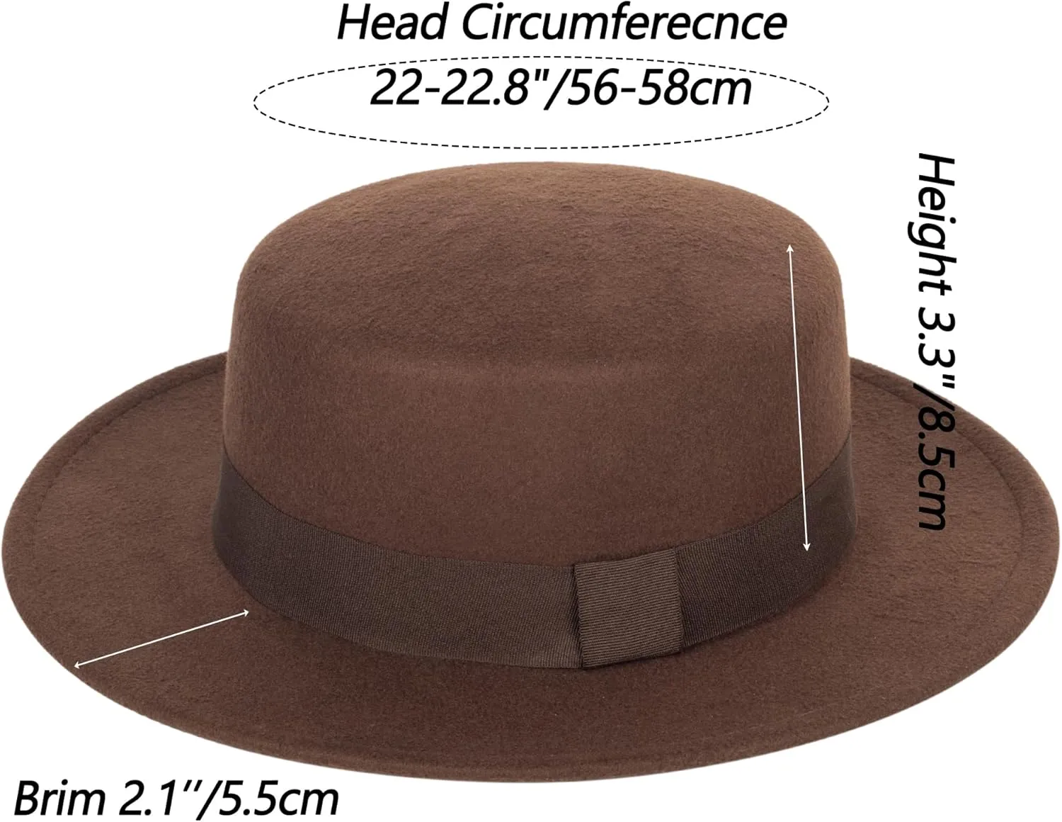 Wide-Brim-Felt-Panama-Fedora-Hat with Flat-Top-Pork-Pie Cap for Women Men (Size:M)