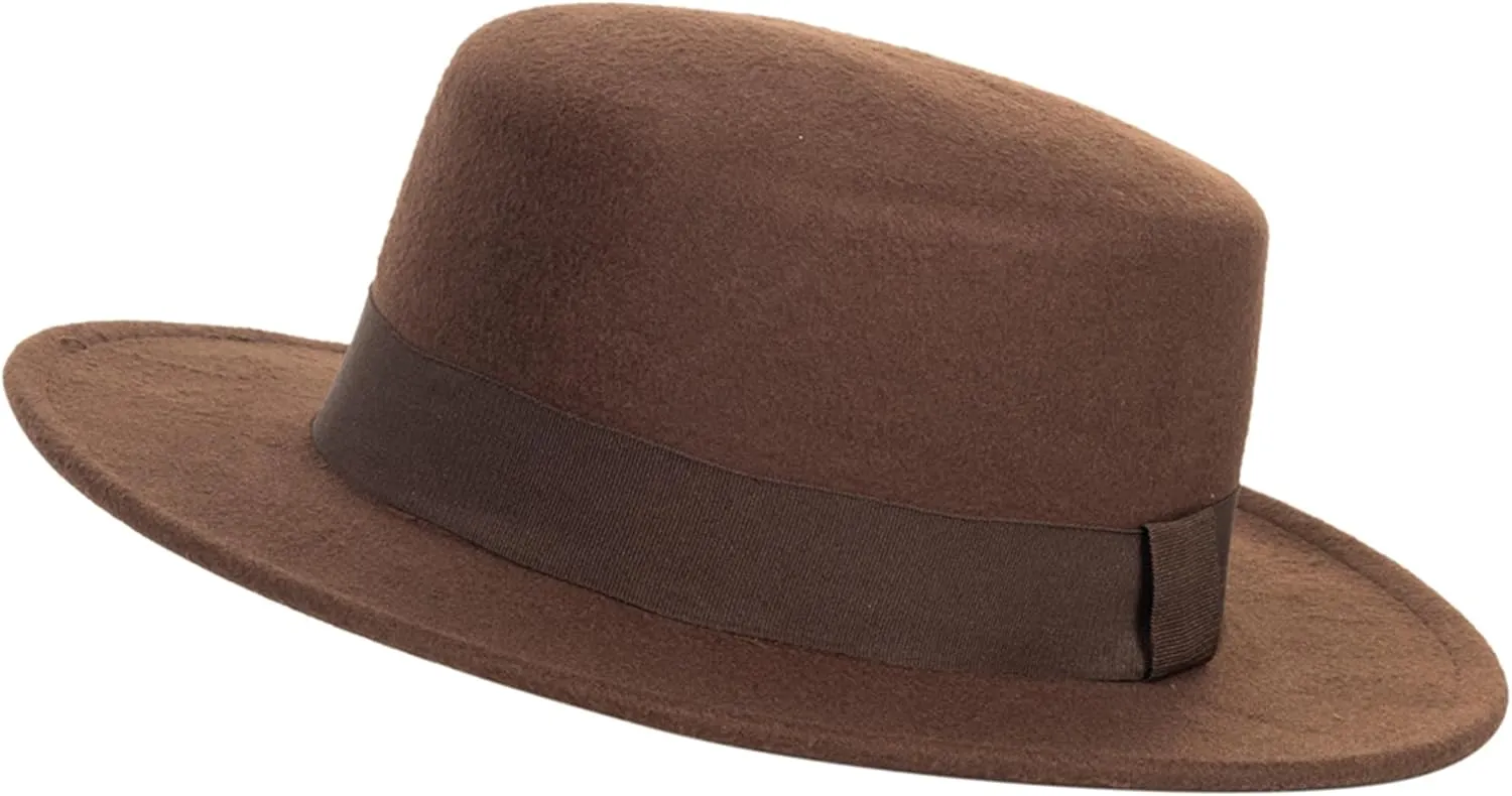 Wide-Brim-Felt-Panama-Fedora-Hat with Flat-Top-Pork-Pie Cap for Women Men (Size:M)