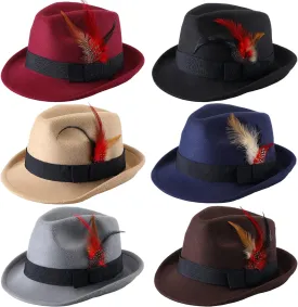 Xtinmee 6 Pcs Hats for Men Wide Brim Jazz Hat with Feather Panama Hats 1920s Hat Casual Bowler Hat for Women Costume, 6 Colors