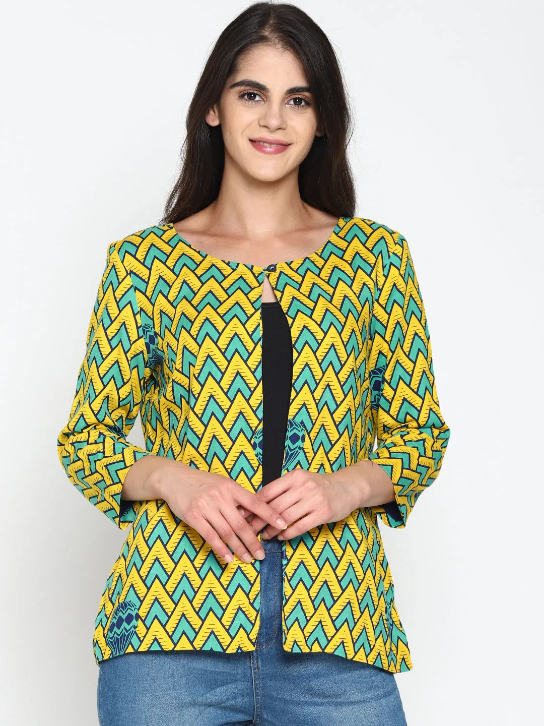 Yellow Printed Open-front Shrug