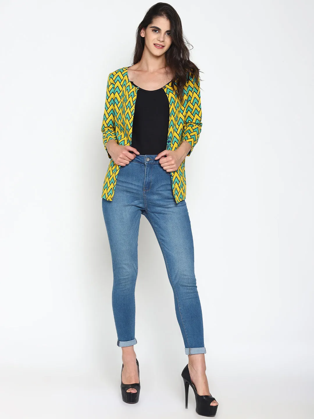 Yellow Printed Open-front Shrug