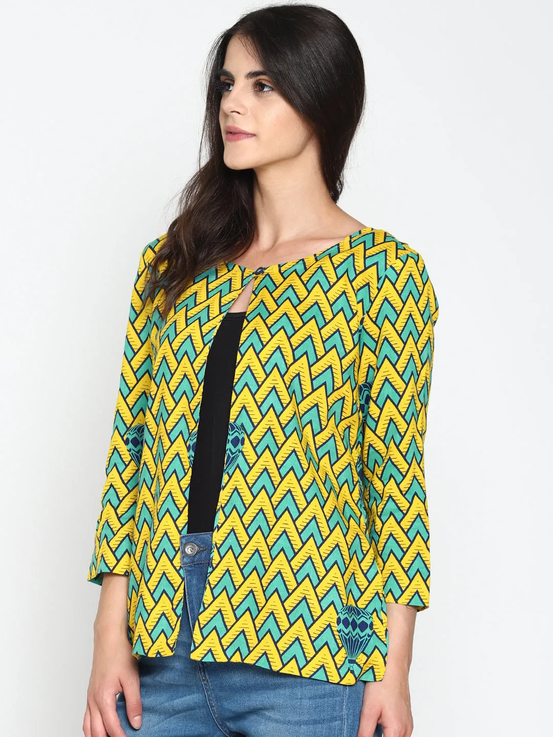 Yellow Printed Open-front Shrug